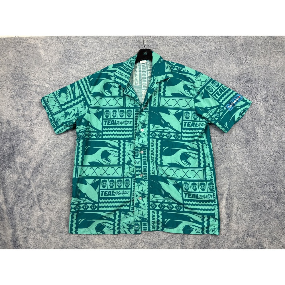 Idegy Mens M Teal San Jose Sharks Teal Together Graphic Button Down Shirt NHL
